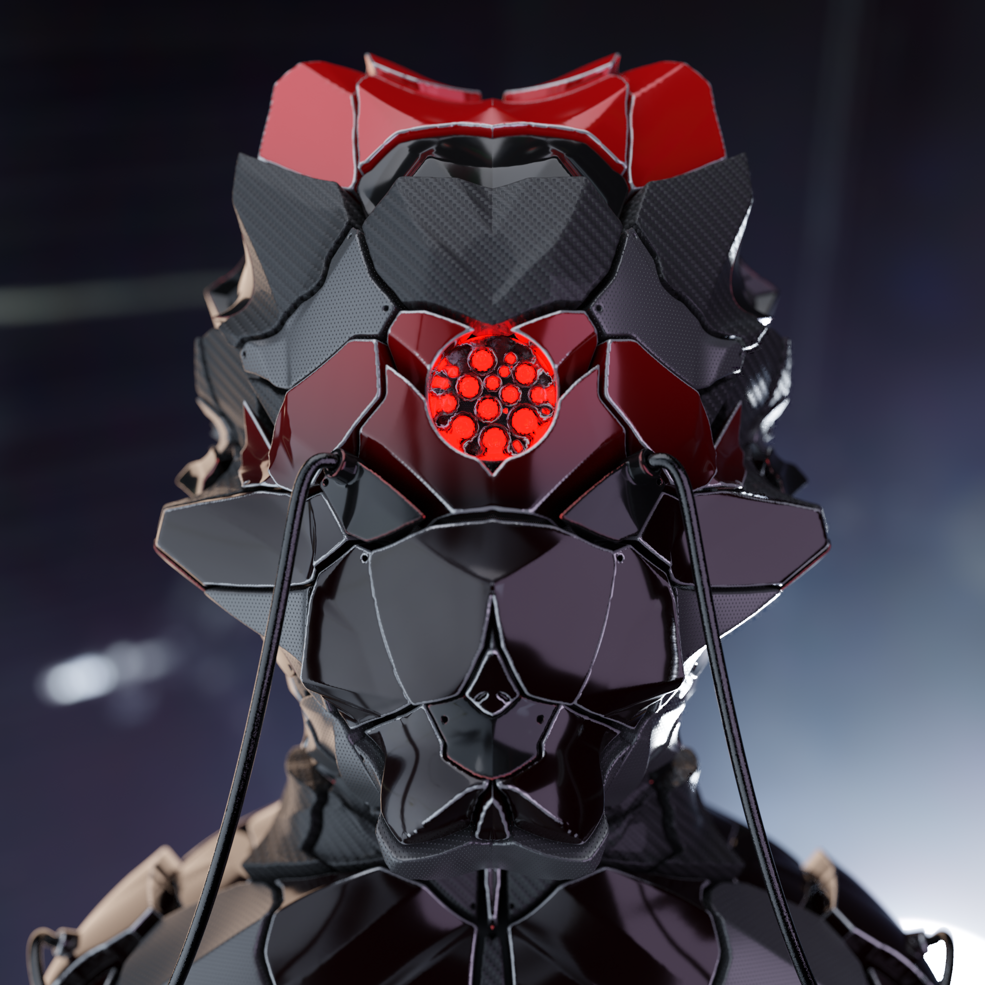 Metallic futuristic helmet with red accents facing head-on with cables running from its face to behind its head and a red glass eye made up of a cluster of red lights.